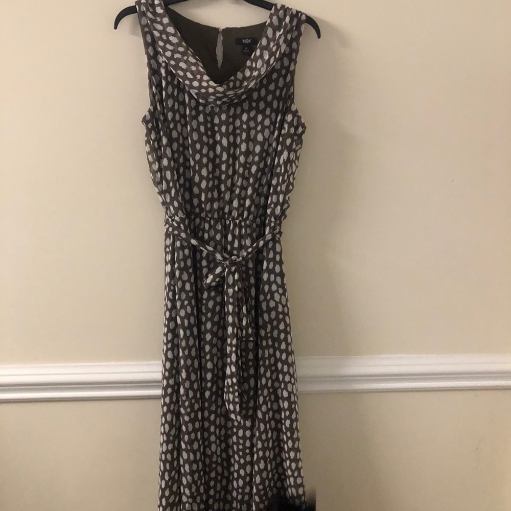 Brown/white brushed polka dot, cowl neck dress.